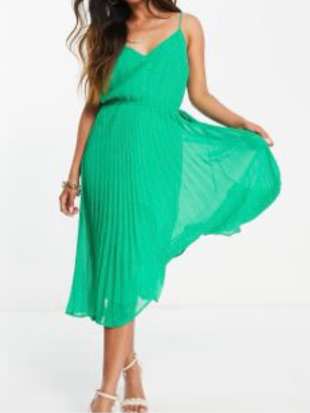 ASOS Green Pleated V-Neck Spaghetti Strap Midi Dress (NWOT)